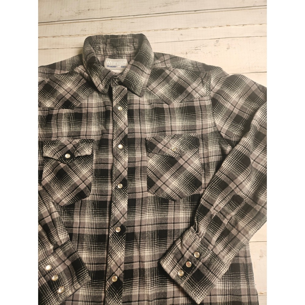Wrangler Wrancher Mens Medium Grey Black Plaid Western Pearl Snap Flannel Shirt